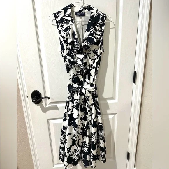 black and white floral fit and flare dress Victor Costa Strapless Black and White Stripe Floral Fit and Flare Dre –  Palm Beach Vintage main image 1
